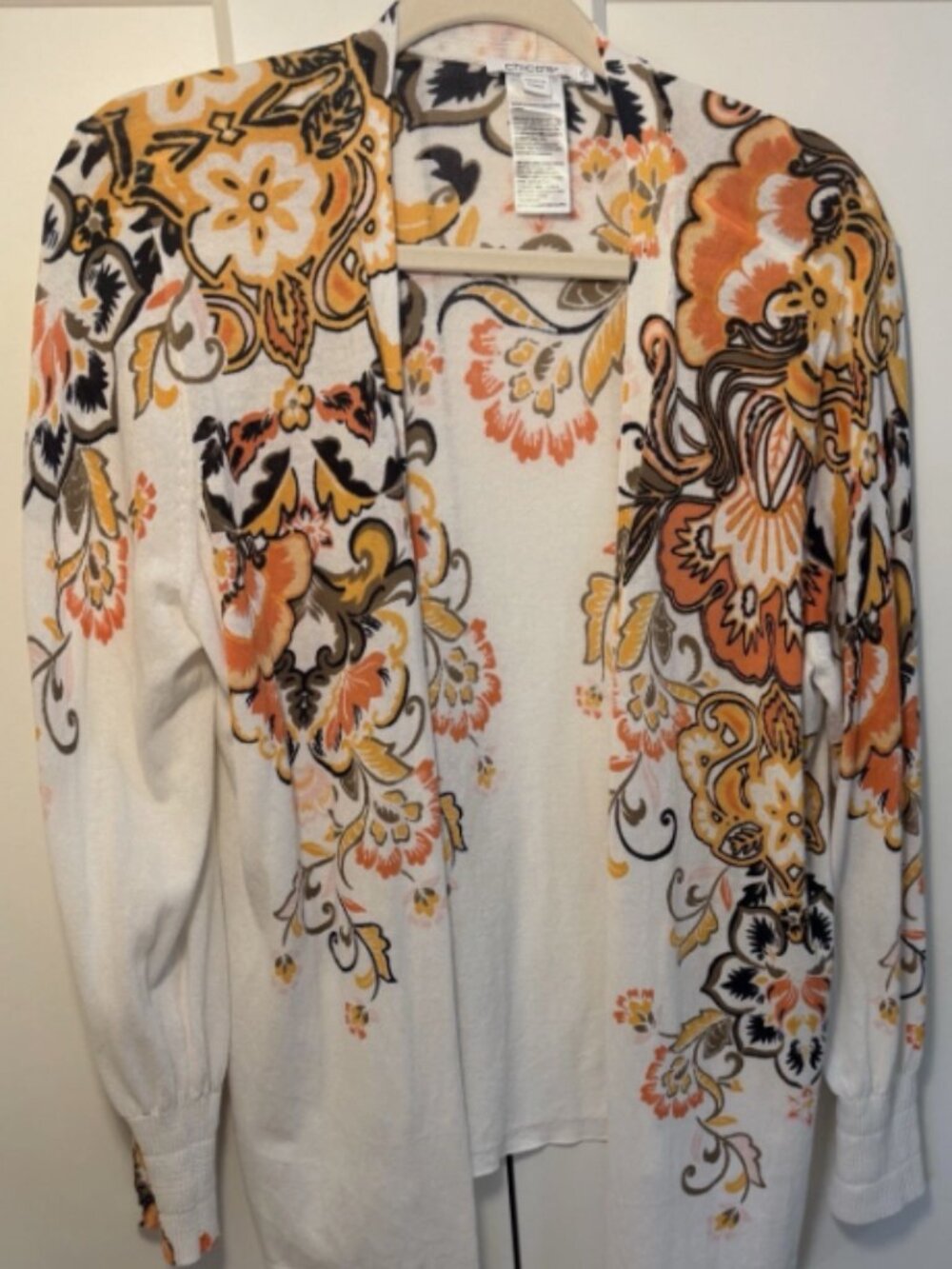 Chico's Open Front Floral Knit Cardigan Sweater Long Sleeve Size 2 White